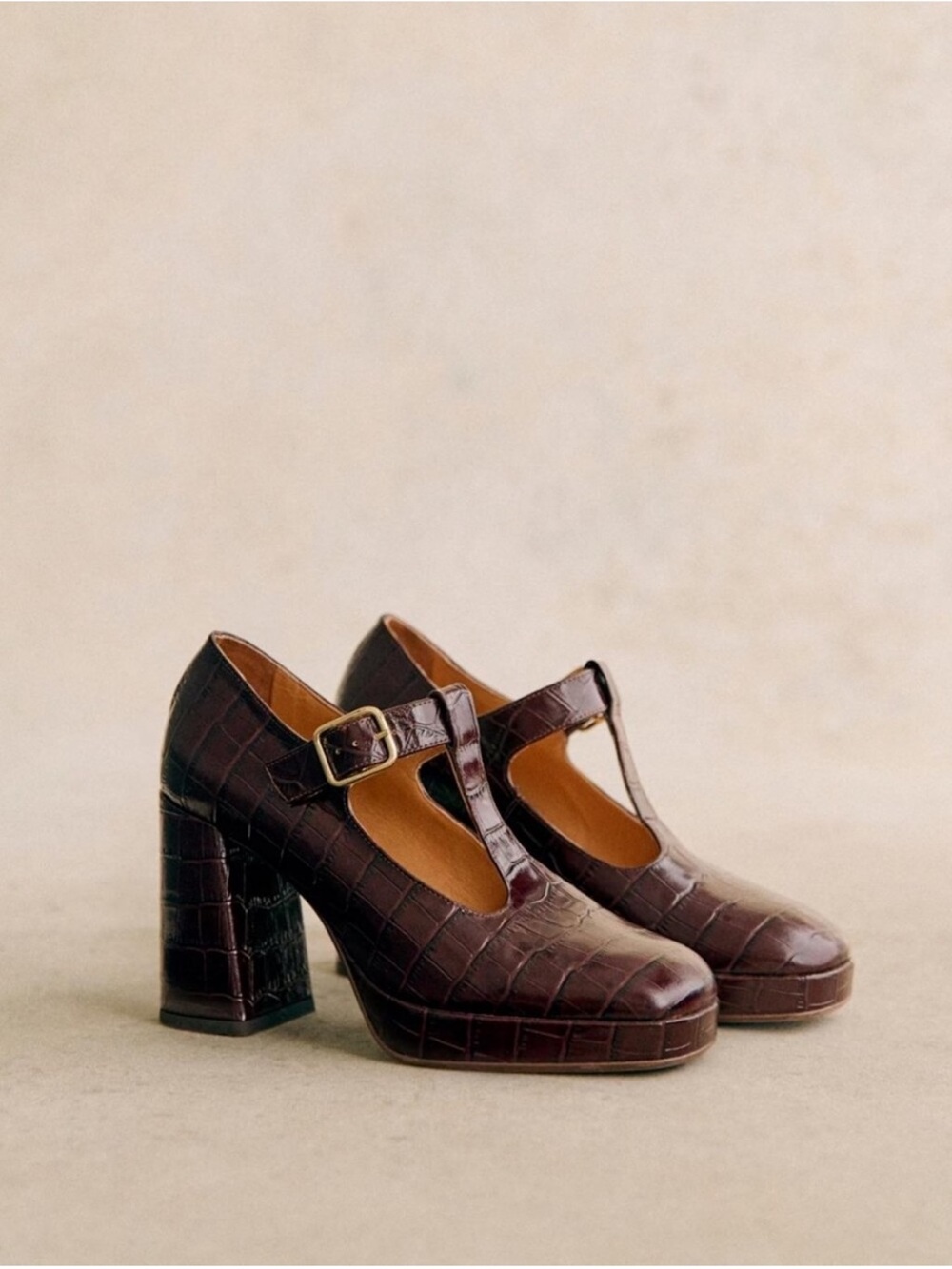 Sezane Monique Croc-Embossed T-Strap Block Heels in Chocolate Brown EU 37
